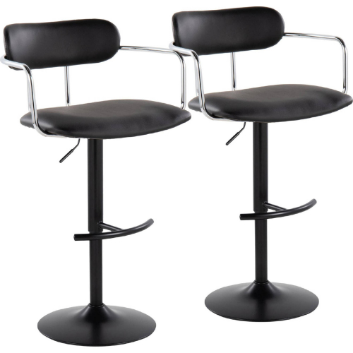 Demi Adjustable Height Swivel Bar Stool in Black Metal, Chrome & Black Leatherette (Set of 2)